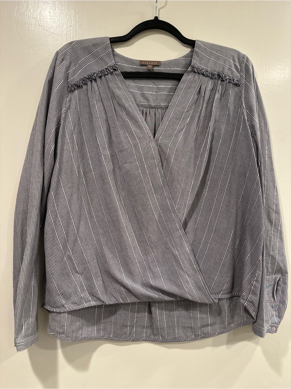 Lilla P Gray Pinstripe Faux-Wrap Blouse